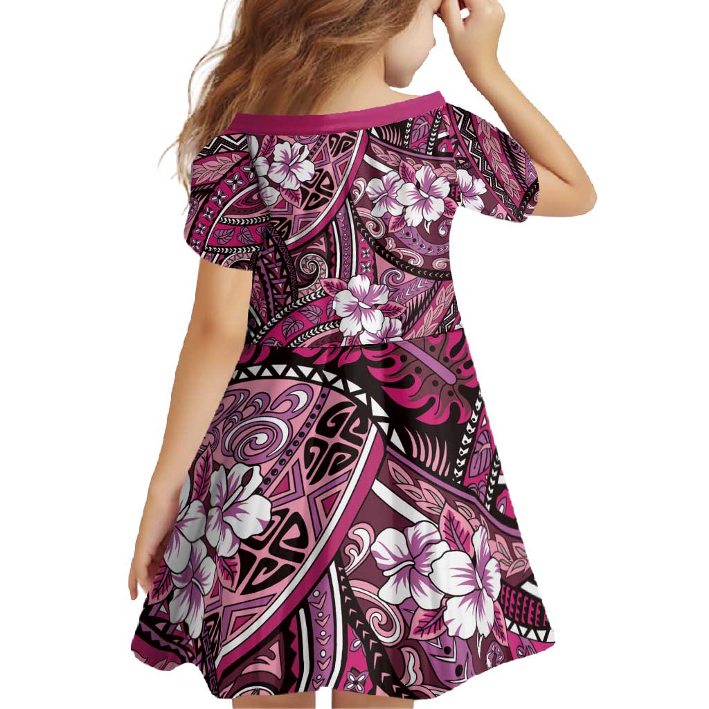 Polynesian Hibiscus Tropical Pink Floral Family Matching Short Sleeve Bodycon Dress and Hawaiian Shirt Tribal Pattern - Polynesian Pride