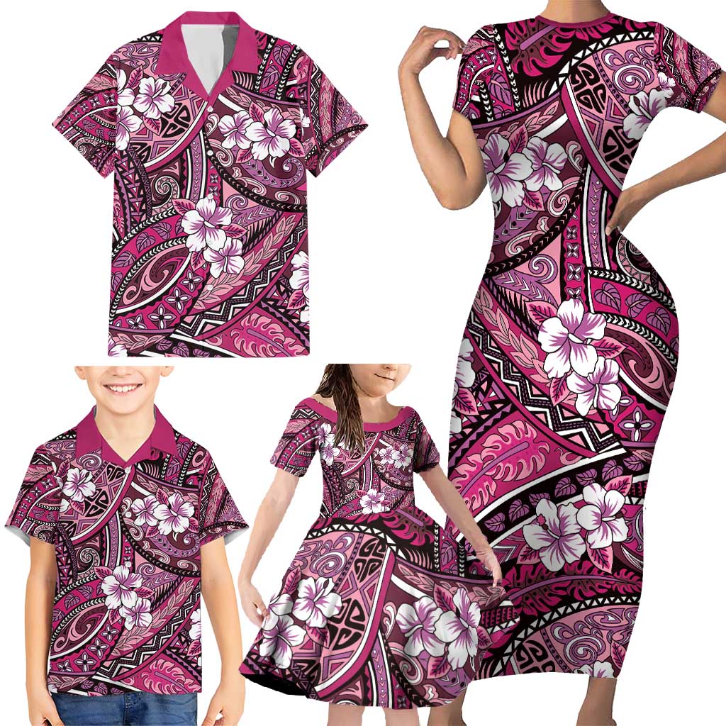 Polynesian Hibiscus Tropical Pink Floral Family Matching Short Sleeve Bodycon Dress and Hawaiian Shirt Tribal Pattern - Polynesian Pride