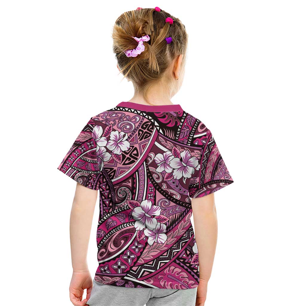 Polynesian Hibiscus Tropical Pink Floral Kid T Shirt Tribal Pattern - Polynesian Pride