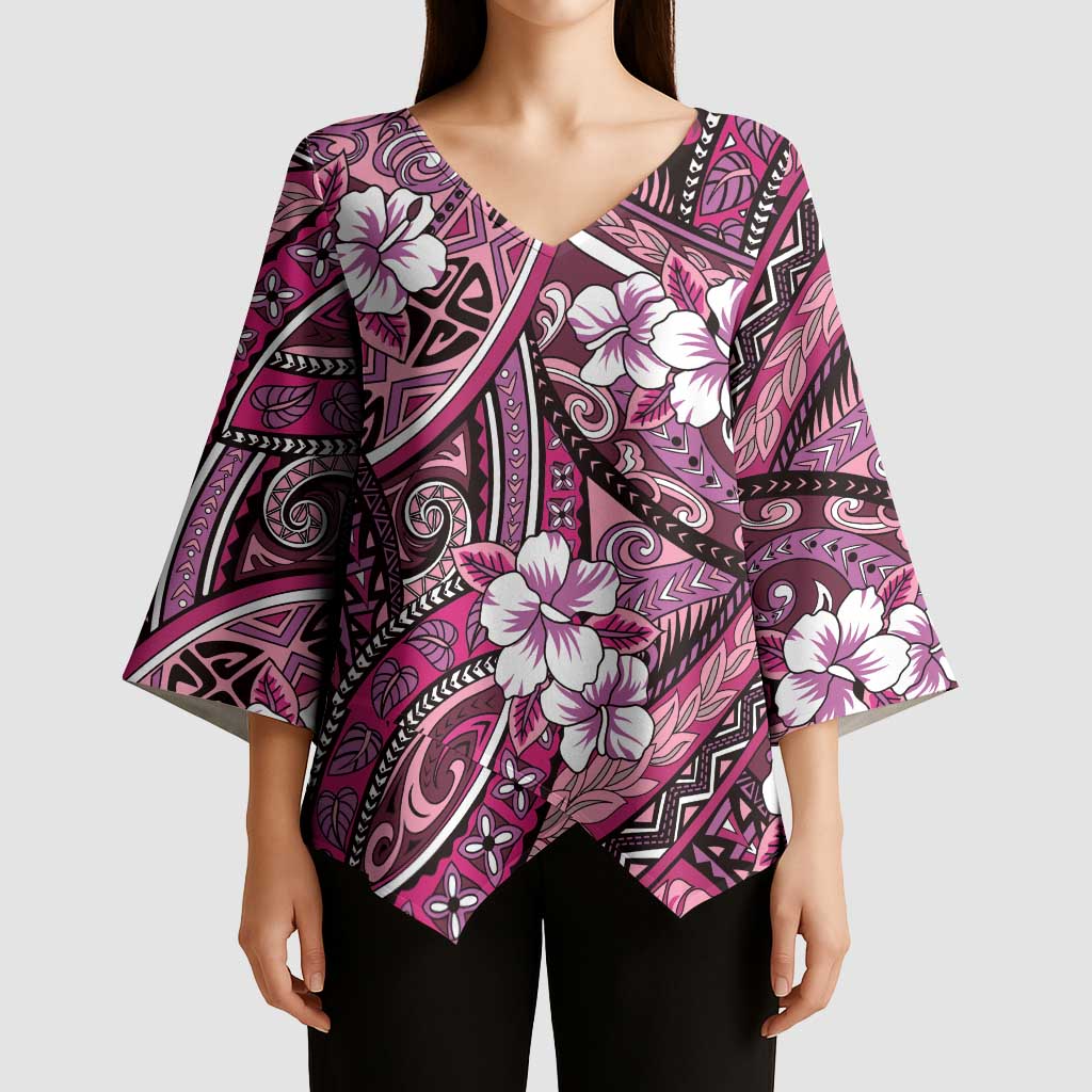 Polynesian Hibiscus Tropical Pink Floral Kimono Sleeve Blouse Tribal Pattern - Polynesian Pride