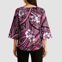 Polynesian Hibiscus Tropical Pink Floral Kimono Sleeve Blouse Tribal Pattern - Polynesian Pride