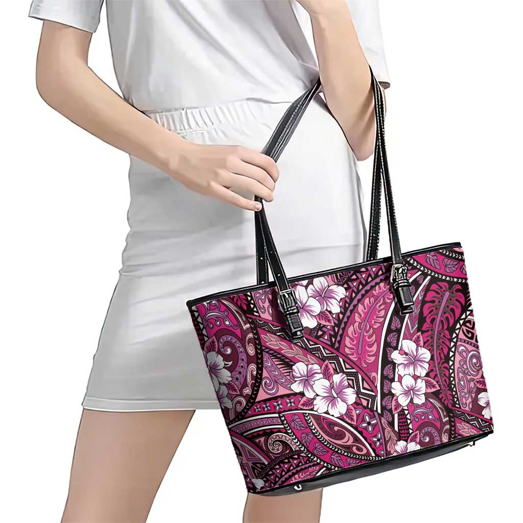 Polynesian Hibiscus Tropical Pink Floral Leather Tote Bag Tribal Pattern - Polynesian Pride