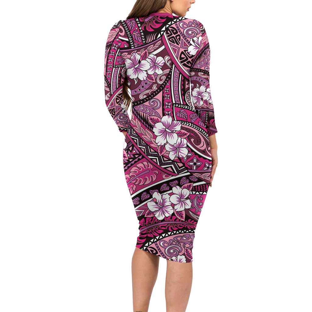 Polynesian Hibiscus Tropical Pink Floral Long Sleeve Bodycon Dress Tribal Pattern - Polynesian Pride