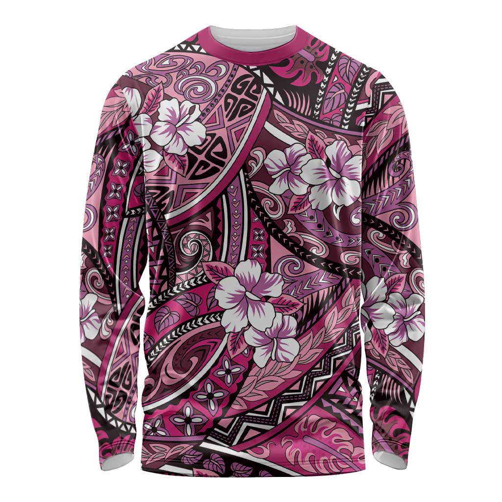 Polynesian Hibiscus Tropical Pink Floral Long Sleeve Shirt Tribal Pattern - Polynesian Pride