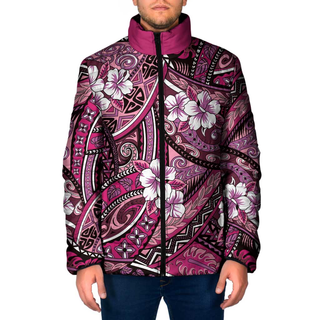 Polynesian Hibiscus Tropical Pink Floral Padded Jacket Tribal Pattern - Polynesian Pride