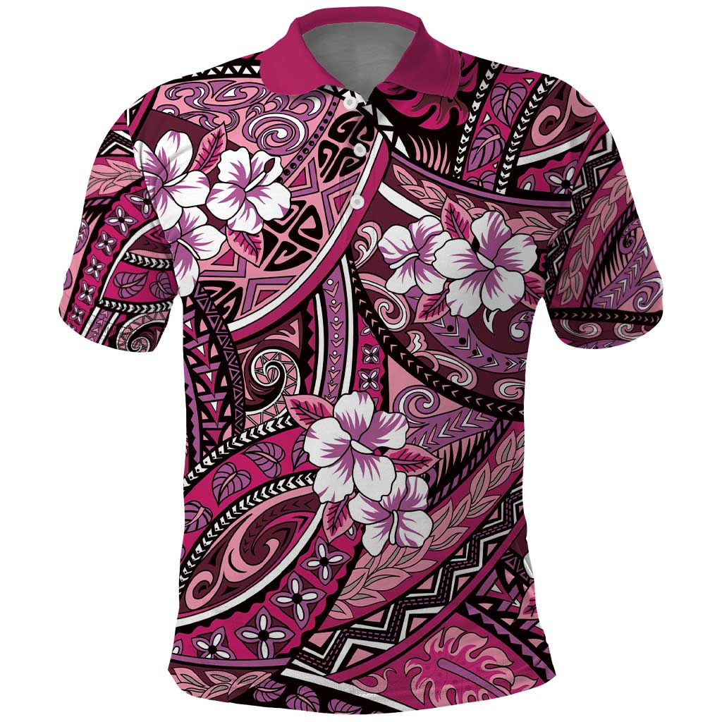 Polynesian Hibiscus Tropical Pink Floral Polo Shirt Tribal Pattern - Polynesian Pride
