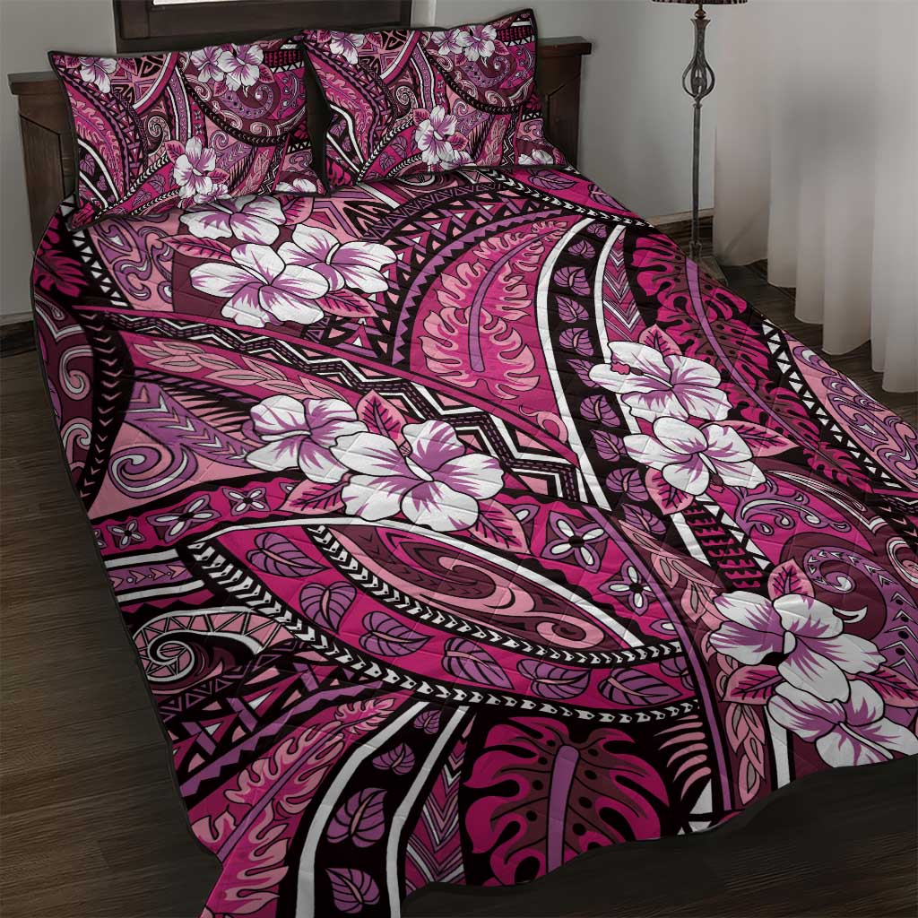 Polynesian Hibiscus Tropical Pink Floral Quilt Bed Set Tribal Pattern - Polynesian Pride