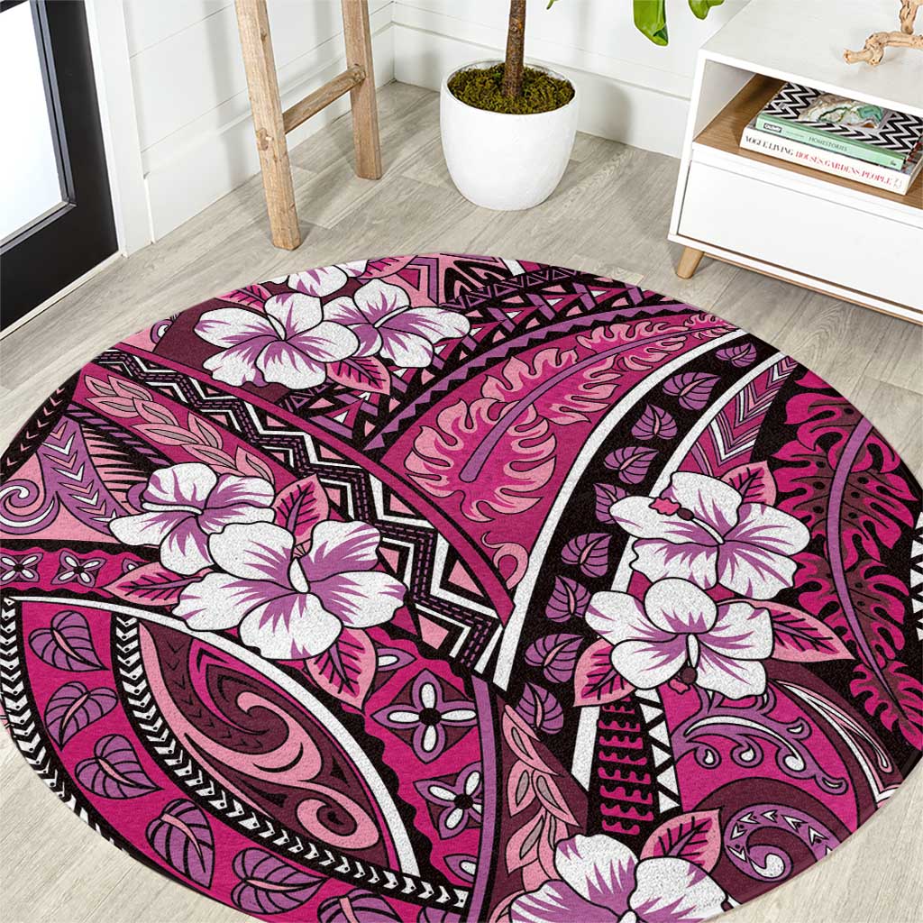 Polynesian Hibiscus Tropical Pink Floral Round Carpet Tribal Pattern - Polynesian Pride