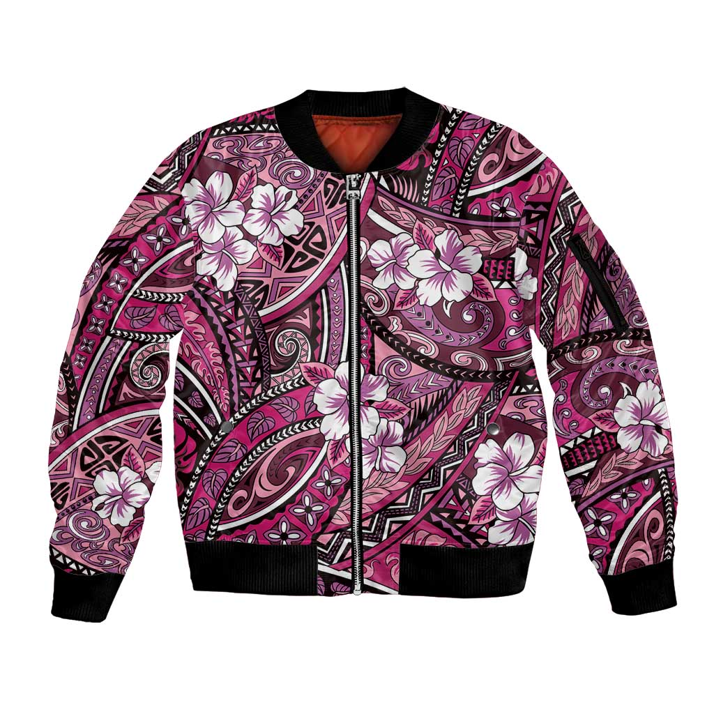 Polynesian Hibiscus Tropical Pink Floral Sleeve Zip Bomber Jacket Tribal Pattern - Polynesian Pride
