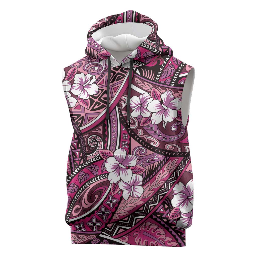 Polynesian Hibiscus Tropical Pink Floral Sleeveless Hoodie Tribal Pattern - Polynesian Pride