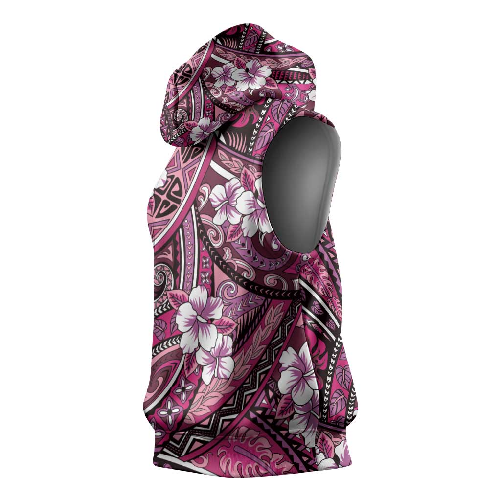 Polynesian Hibiscus Tropical Pink Floral Sleeveless Hoodie Tribal Pattern - Polynesian Pride