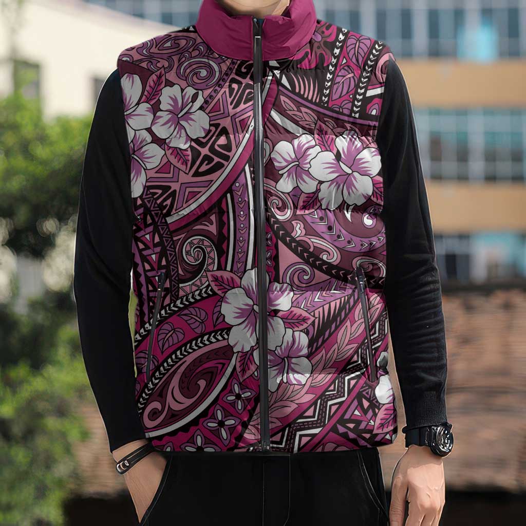 Polynesian Hibiscus Tropical Pink Floral Sleeveless Puffer Jacket Tribal Pattern - Polynesian Pride