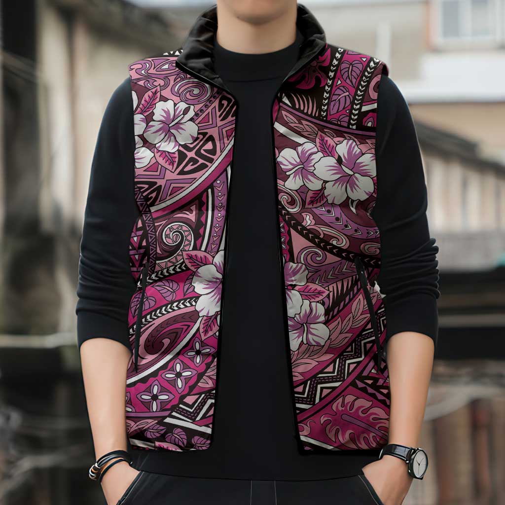 Polynesian Hibiscus Tropical Pink Floral Sleeveless Puffer Jacket Tribal Pattern - Polynesian Pride