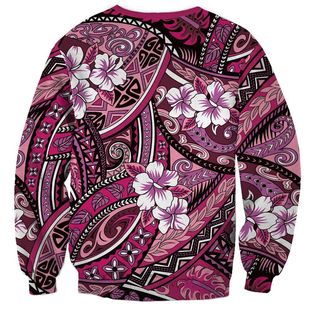 Polynesian Hibiscus Tropical Pink Floral Sweatshirt Tribal Pattern - Polynesian Pride