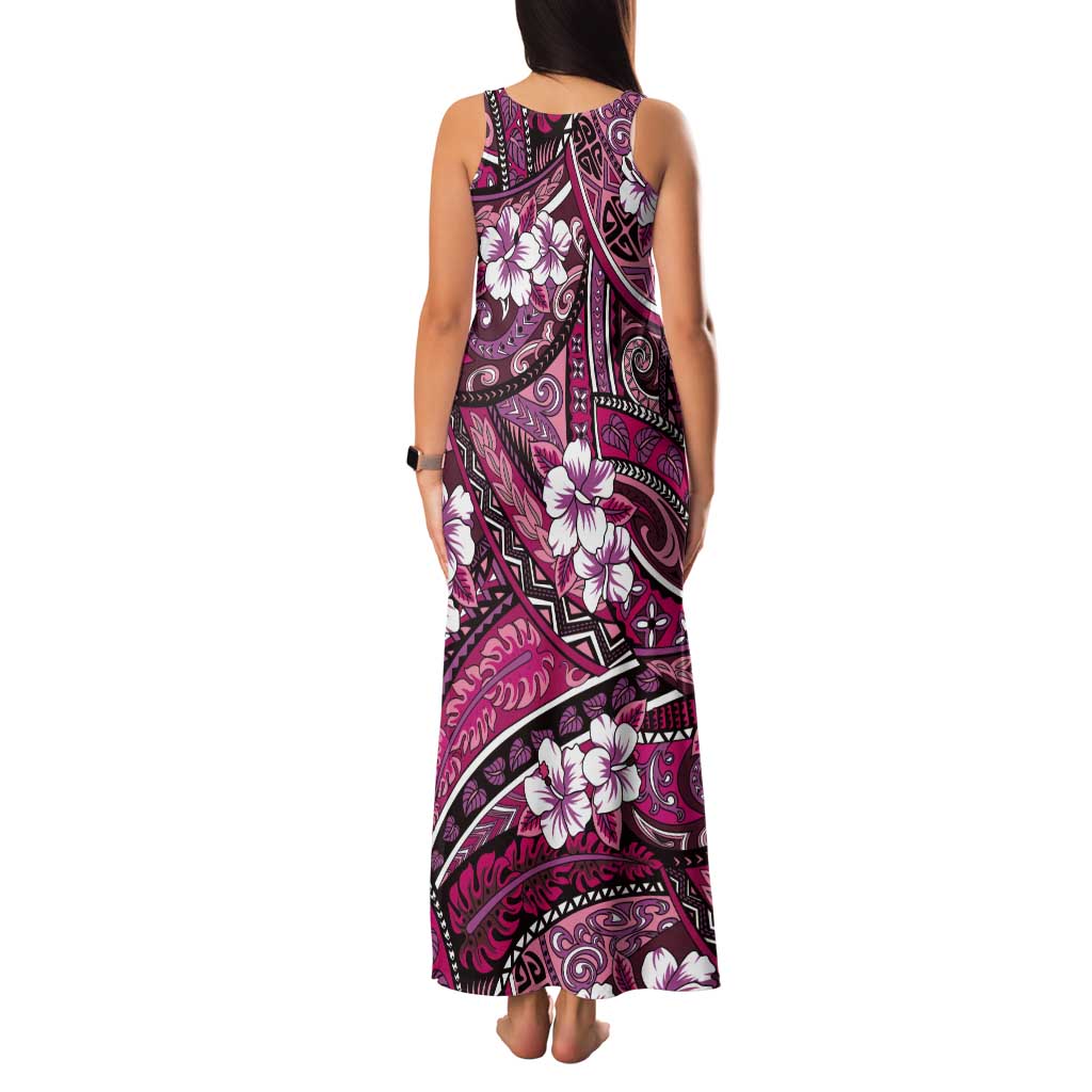 Polynesian Hibiscus Tropical Pink Floral Tank Maxi Dress Tribal Pattern - Polynesian Pride