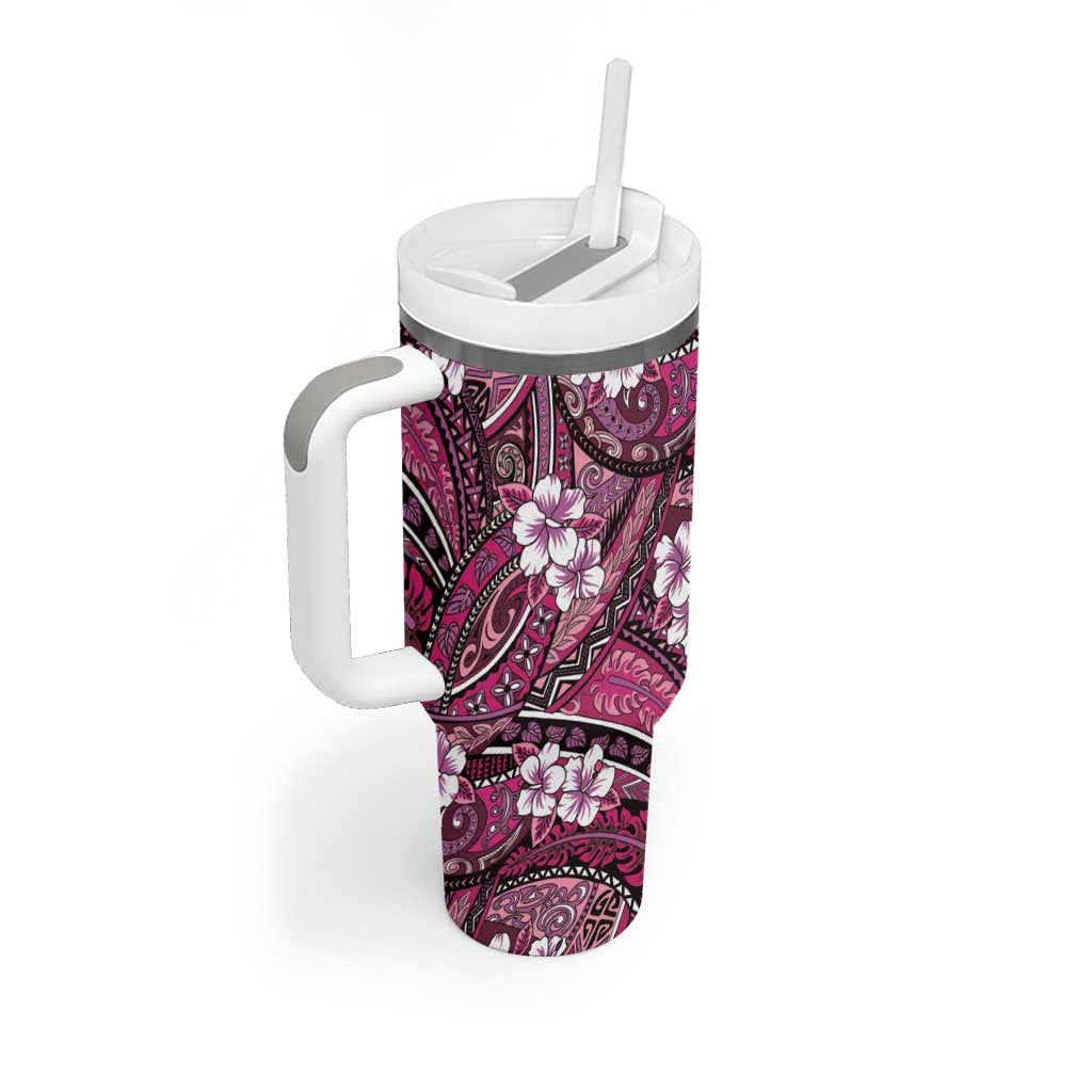 Polynesian Hibiscus Tropical Pink Floral Tumbler With Handle Tribal Pattern - Polynesian Pride