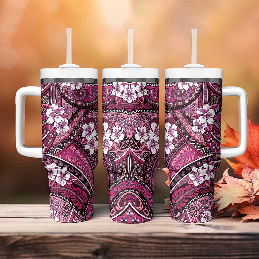 Polynesian Hibiscus Tropical Pink Floral Tumbler With Handle Tribal Pattern - Polynesian Pride
