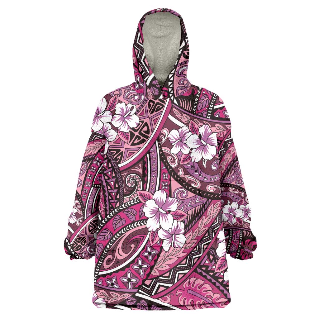 Polynesian Hibiscus Tropical Pink Floral Wearable Blanket Hoodie Tribal Pattern - Polynesian Pride