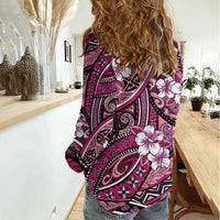 Polynesian Hibiscus Tropical Pink Floral Women Casual Shirt Tribal Pattern - Polynesian Pride