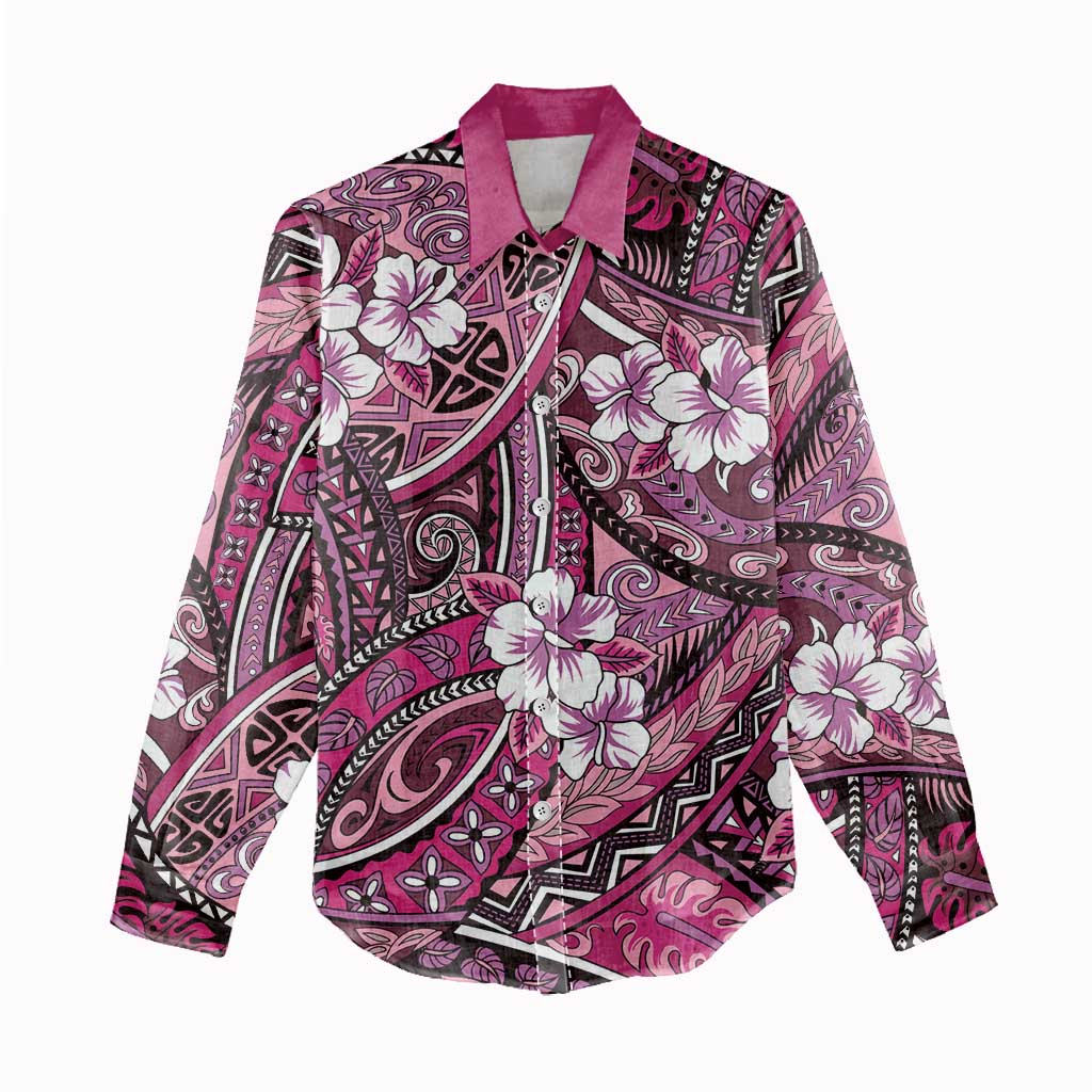 Polynesian Hibiscus Tropical Pink Floral Women Casual Shirt Tribal Pattern - Polynesian Pride