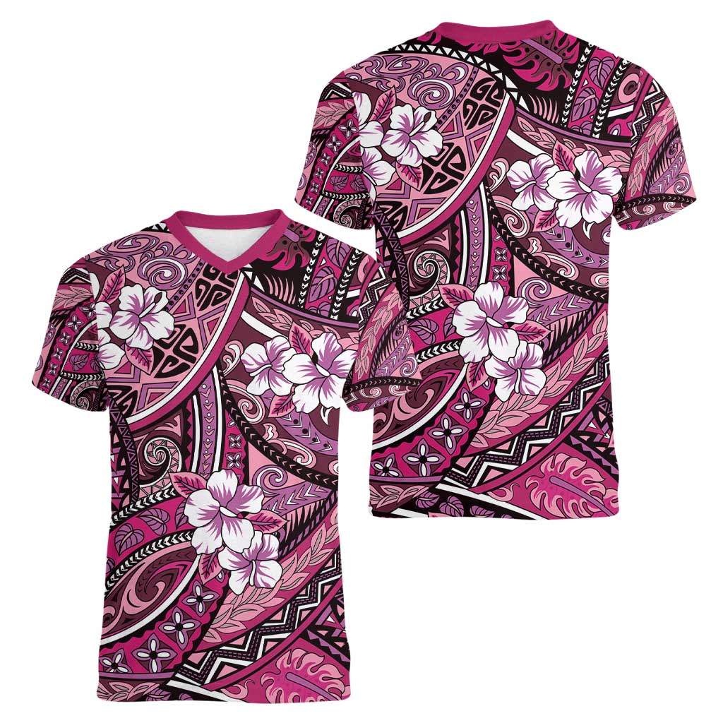 Polynesian Hibiscus Tropical Pink Floral Women V-Neck T-Shirt Tribal Pattern - Polynesian Pride