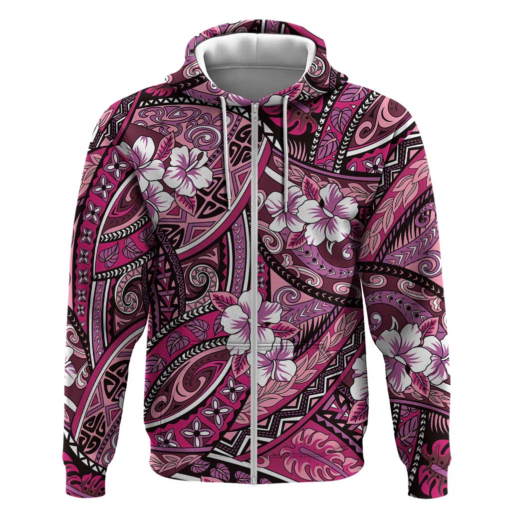 Polynesian Hibiscus Tropical Pink Floral Zip Hoodie Tribal Pattern - Polynesian Pride