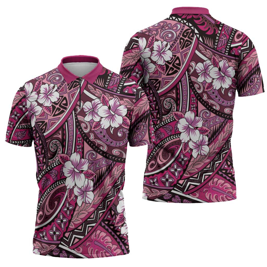 Polynesian Hibiscus Tropical Pink Floral Zipper Polo Shirt Tribal Pattern - Polynesian Pride