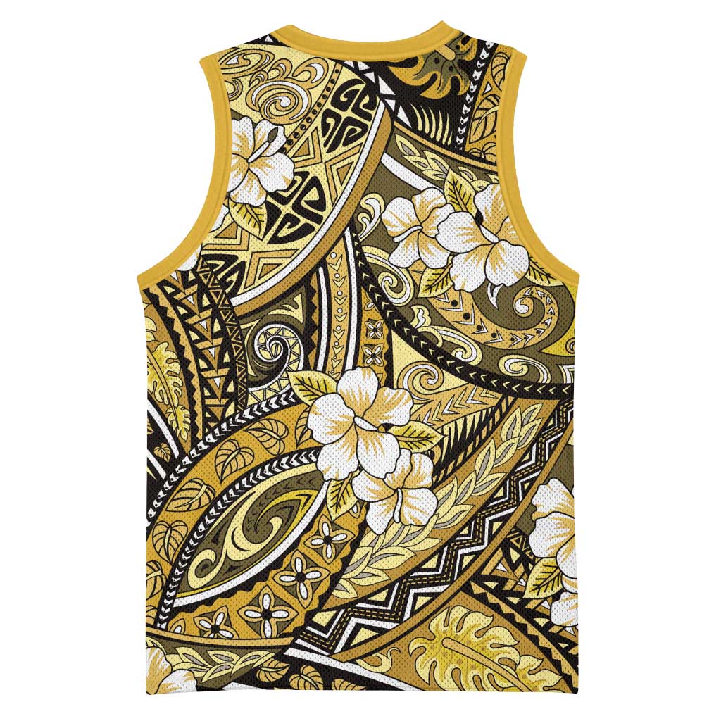 Polynesian Hibiscus Tropical Yellow Floral Basketball Jersey Tribal Pattern - Polynesian Pride