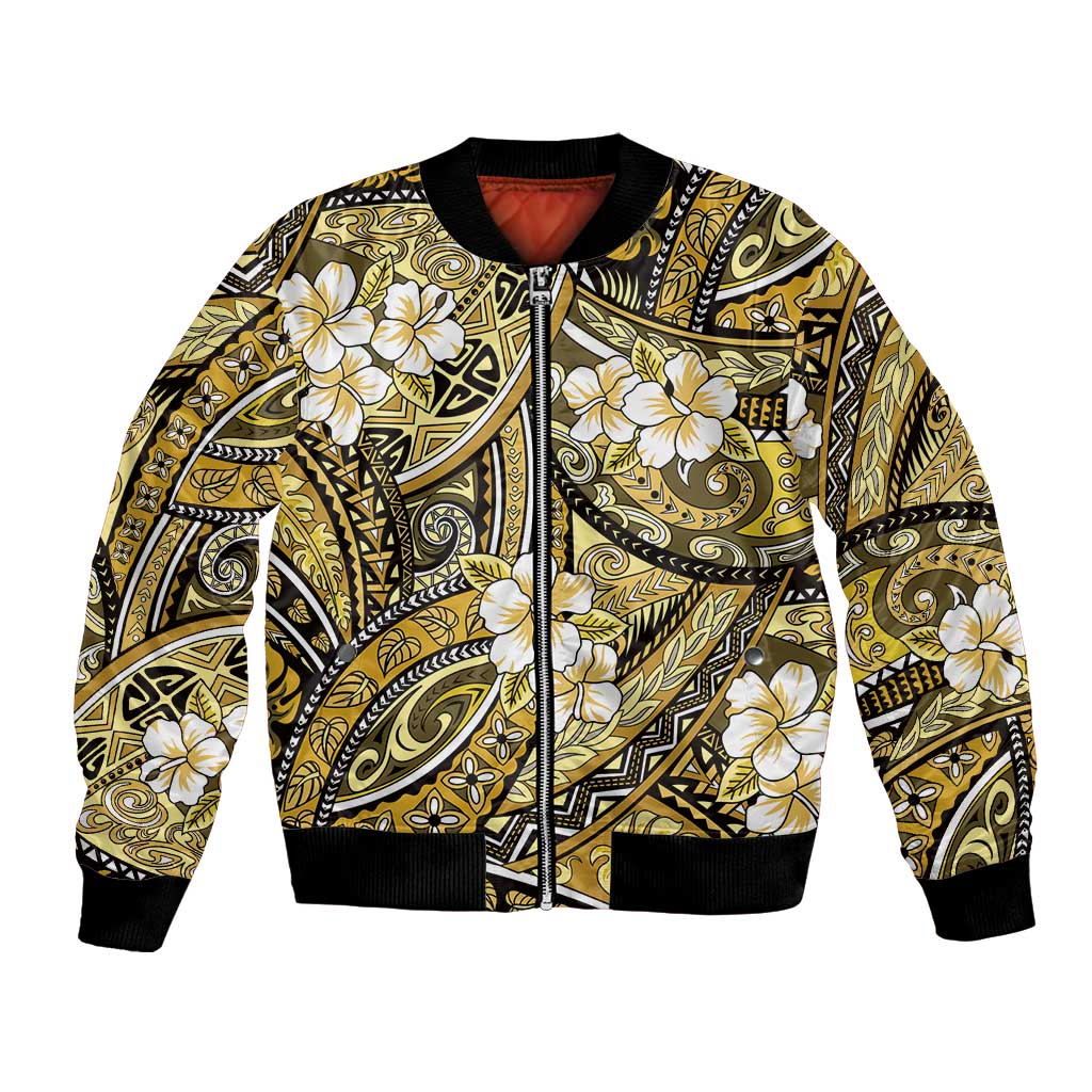 Polynesian Hibiscus Tropical Yellow Floral Bomber Jacket Tribal Pattern - Polynesian Pride