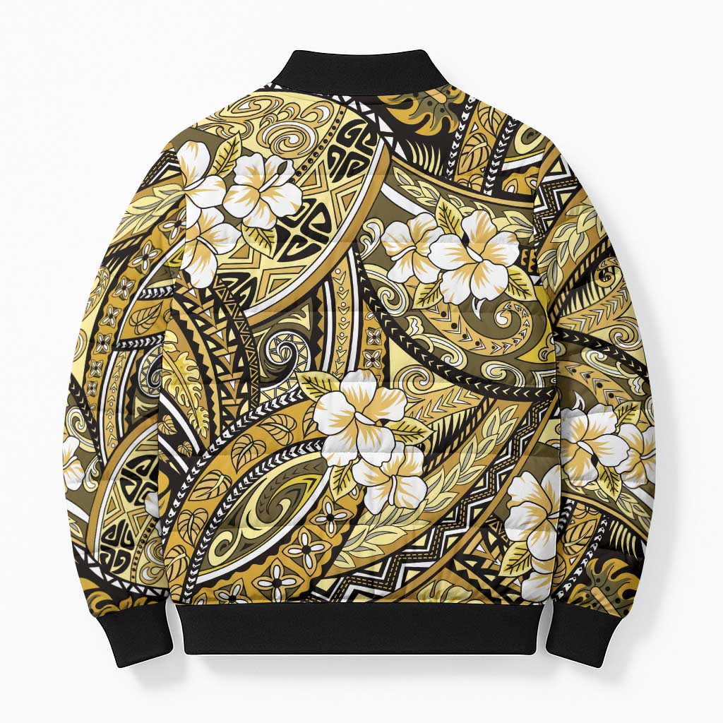 Polynesian Hibiscus Tropical Yellow Floral Bomber Puffer Jacket Tribal Pattern - Polynesian Pride