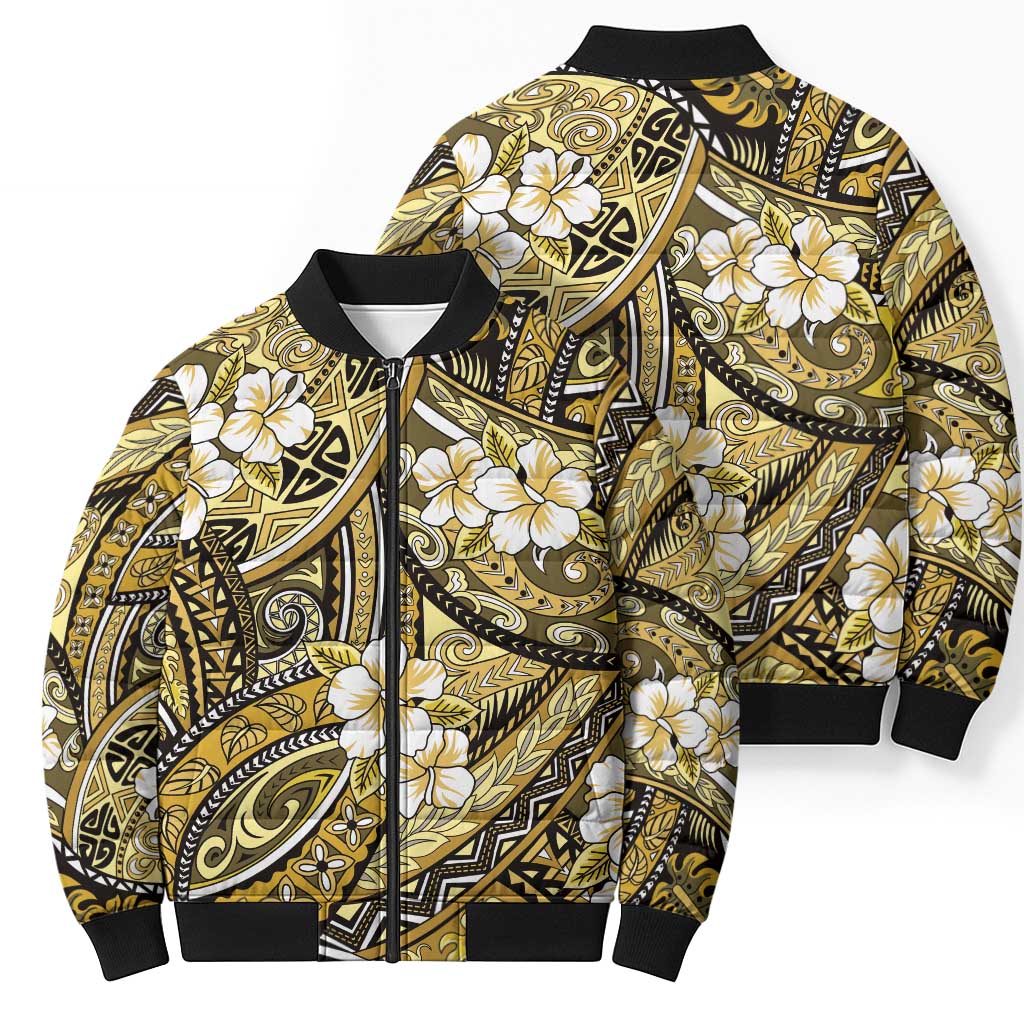 Polynesian Hibiscus Tropical Yellow Floral Bomber Puffer Jacket Tribal Pattern - Polynesian Pride