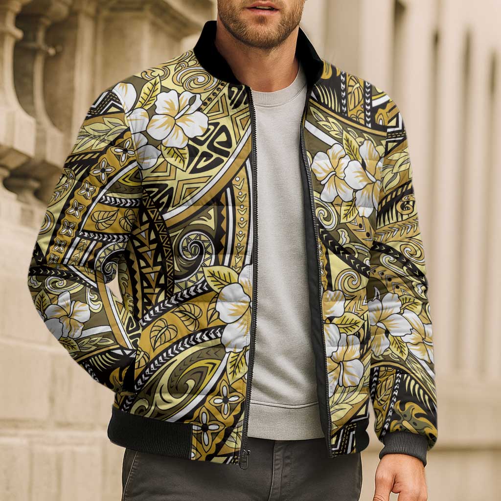 Polynesian Hibiscus Tropical Yellow Floral Bomber Puffer Jacket Tribal Pattern - Polynesian Pride