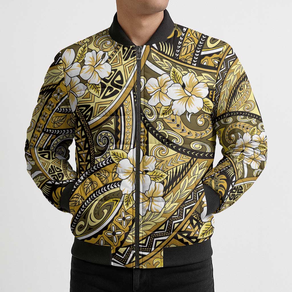 Polynesian Hibiscus Tropical Yellow Floral Bomber Puffer Jacket Tribal Pattern - Polynesian Pride