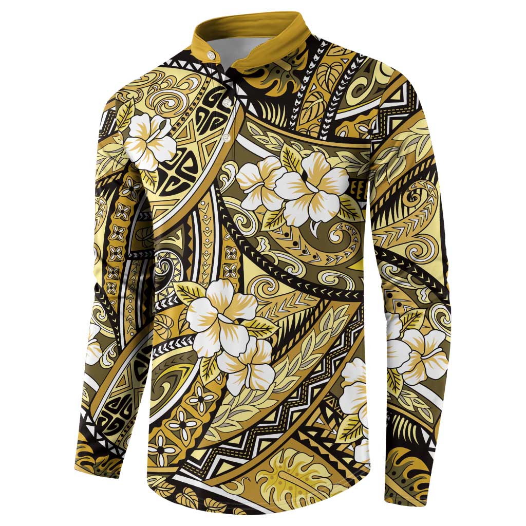Polynesian Hibiscus Tropical Yellow Floral Button Sweatshirt Tribal Pattern - Polynesian Pride