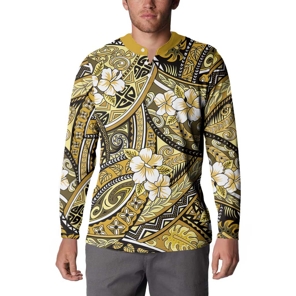 Polynesian Hibiscus Tropical Yellow Floral Button Sweatshirt Tribal Pattern - Polynesian Pride