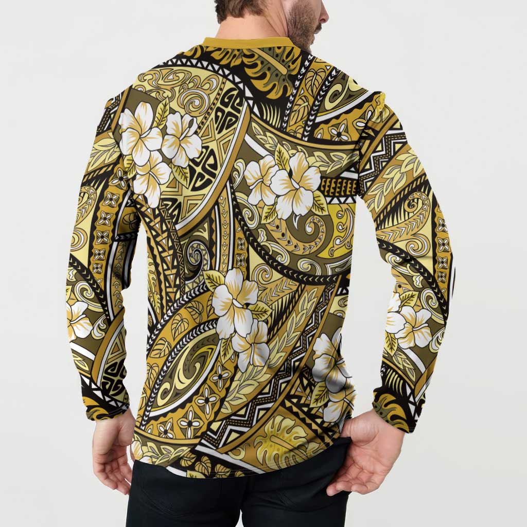 Polynesian Hibiscus Tropical Yellow Floral Button Sweatshirt Tribal Pattern - Polynesian Pride
