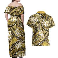 Polynesian Hibiscus Tropical Yellow Floral Couples Matching Off Shoulder Maxi Dress and Hawaiian Shirt Tribal Pattern - Polynesian Pride