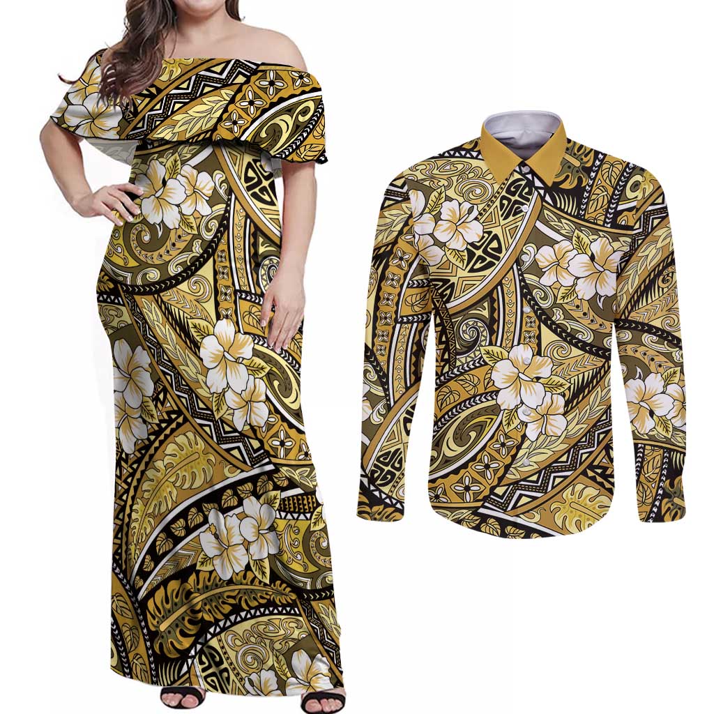 Polynesian Hibiscus Tropical Yellow Floral Couples Matching Off Shoulder Maxi Dress and Long Sleeve Button Shirt Tribal Pattern - Polynesian Pride
