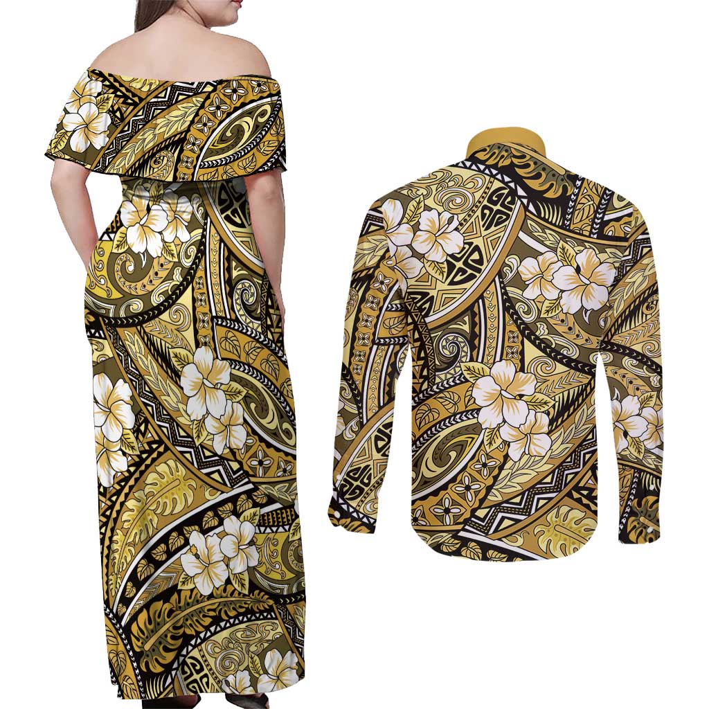 Polynesian Hibiscus Tropical Yellow Floral Couples Matching Off Shoulder Maxi Dress and Long Sleeve Button Shirt Tribal Pattern - Polynesian Pride