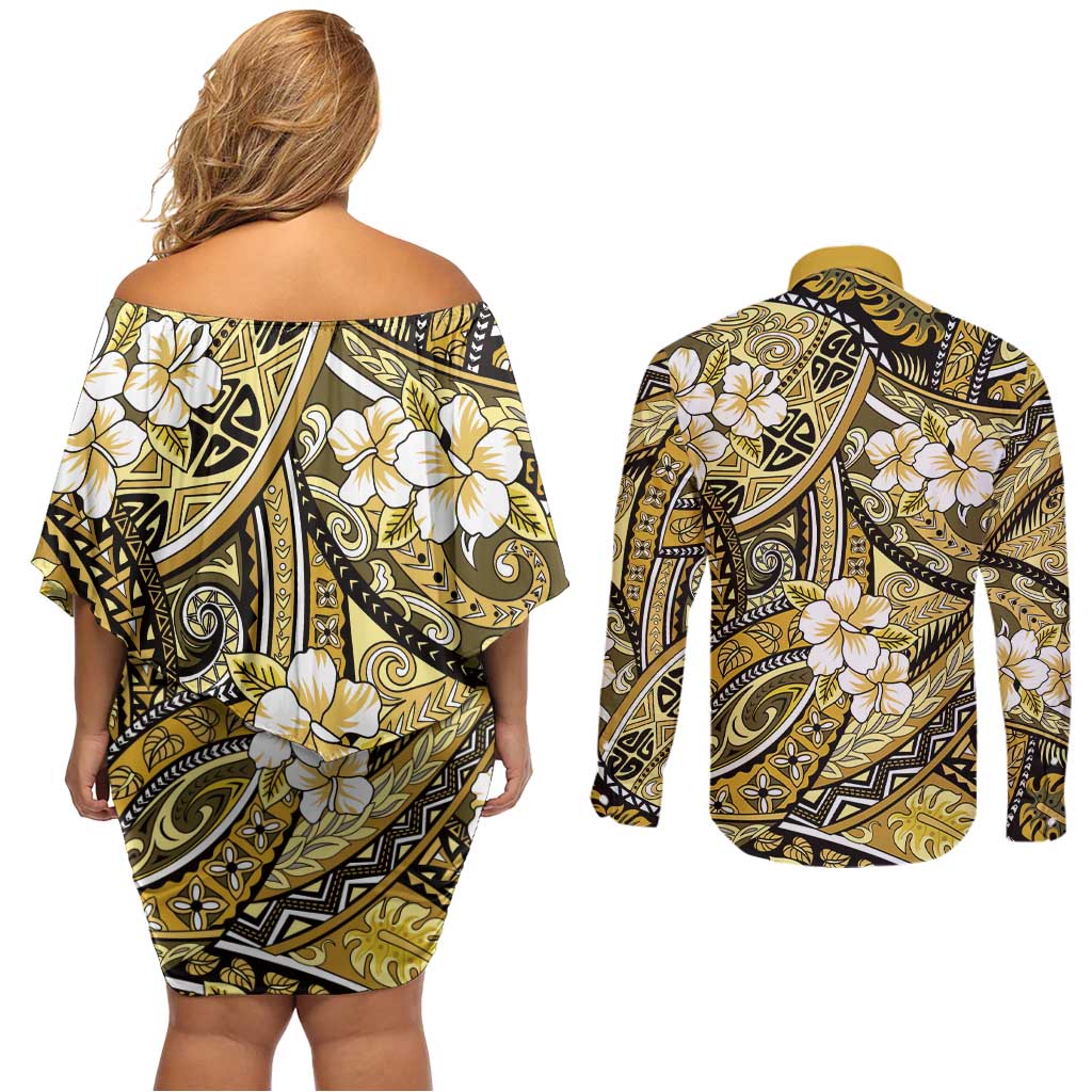 Polynesian Hibiscus Tropical Yellow Floral Couples Matching Off Shoulder Short Dress and Long Sleeve Button Shirt Tribal Pattern - Polynesian Pride