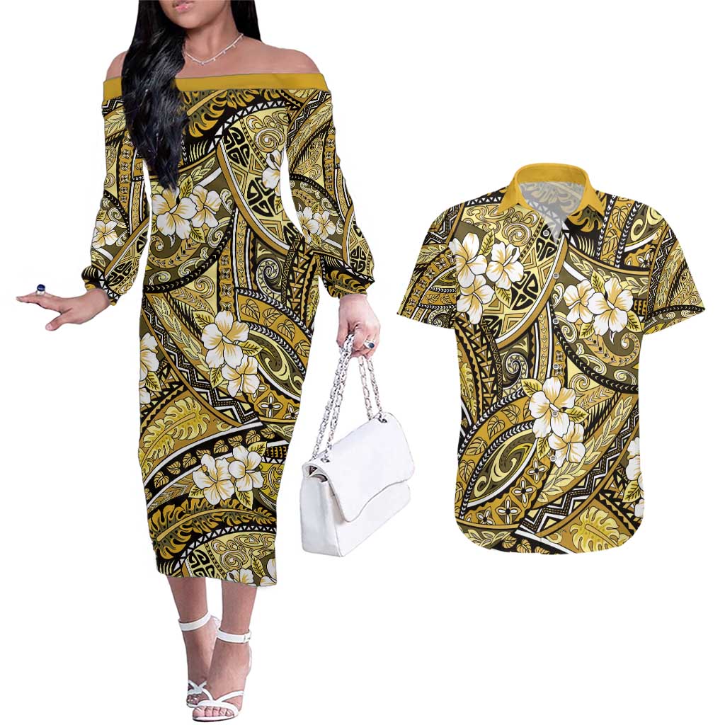 Polynesian Hibiscus Tropical Yellow Floral Couples Matching Off The Shoulder Long Sleeve Dress and Hawaiian Shirt Tribal Pattern - Polynesian Pride