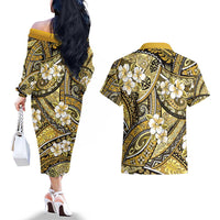 Polynesian Hibiscus Tropical Yellow Floral Couples Matching Off The Shoulder Long Sleeve Dress and Hawaiian Shirt Tribal Pattern - Polynesian Pride