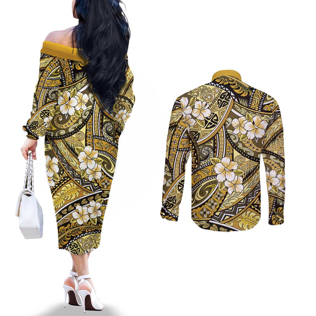 Polynesian Hibiscus Tropical Yellow Floral Couples Matching Off The Shoulder Long Sleeve Dress and Long Sleeve Button Shirt Tribal Pattern - Polynesian Pride