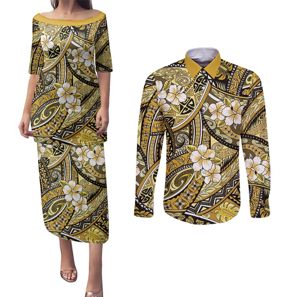 Polynesian Hibiscus Tropical Yellow Floral Couples Matching Puletasi and Long Sleeve Button Shirt Tribal Pattern - Polynesian Pride