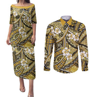 Polynesian Hibiscus Tropical Yellow Floral Couples Matching Puletasi and Long Sleeve Button Shirt Tribal Pattern - Polynesian Pride