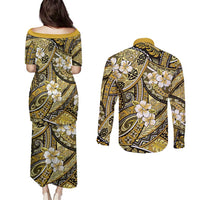 Polynesian Hibiscus Tropical Yellow Floral Couples Matching Puletasi and Long Sleeve Button Shirt Tribal Pattern - Polynesian Pride