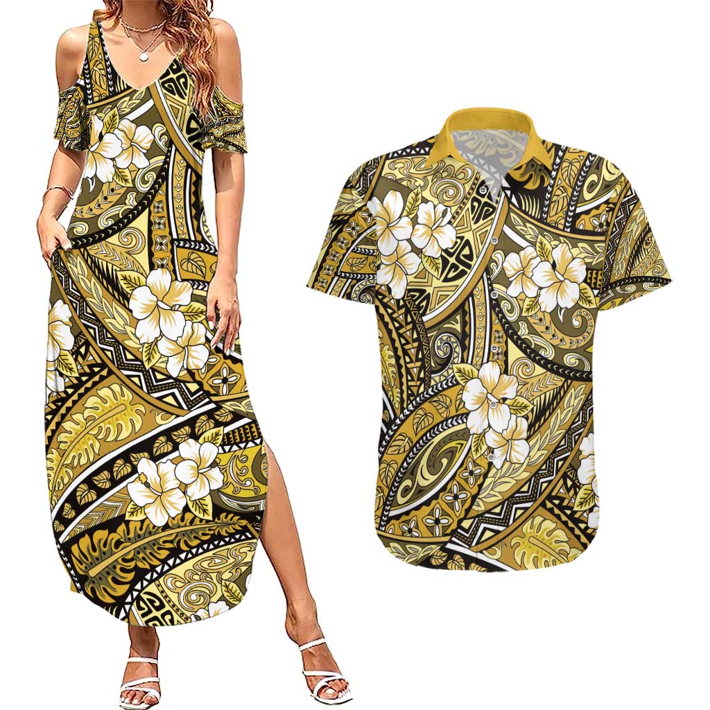 Polynesian Hibiscus Tropical Yellow Floral Couples Matching Summer Maxi Dress and Hawaiian Shirt Tribal Pattern - Polynesian Pride