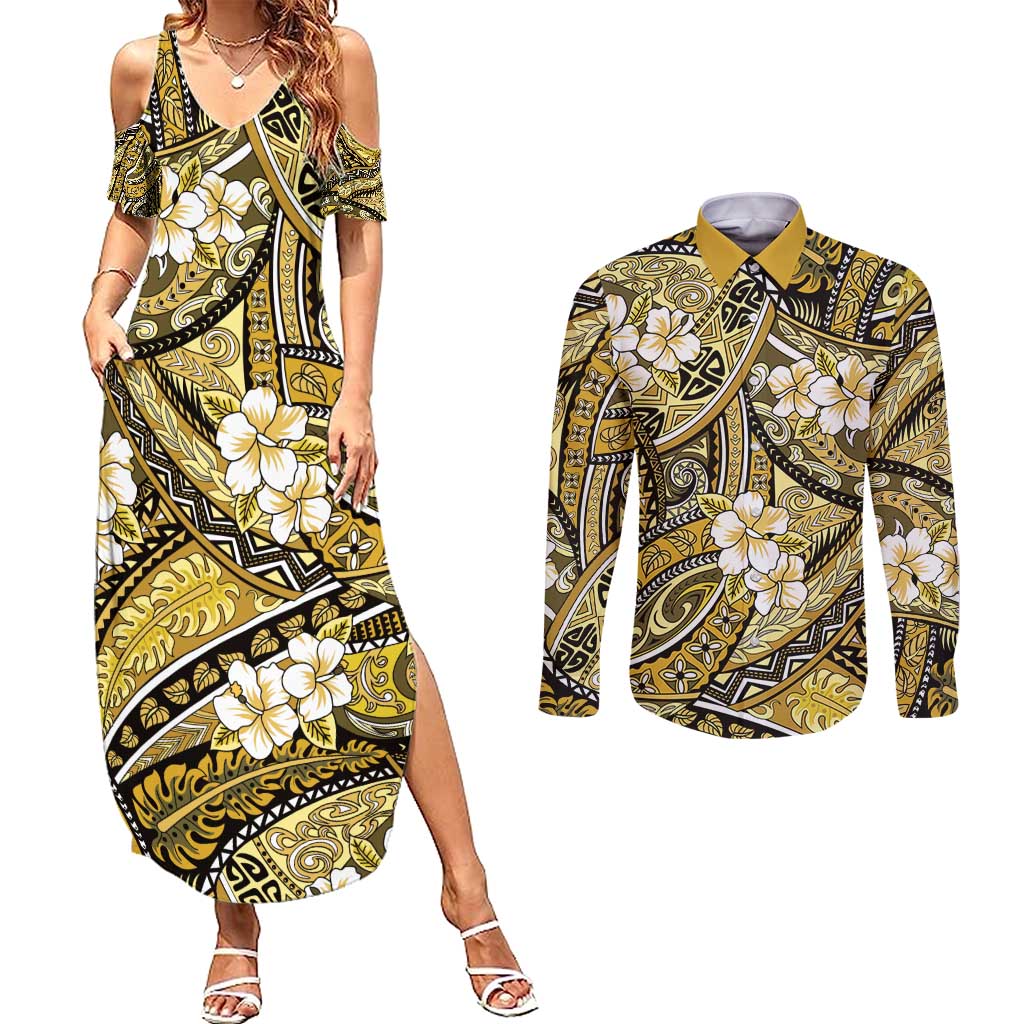 Polynesian Hibiscus Tropical Yellow Floral Couples Matching Summer Maxi Dress and Long Sleeve Button Shirt Tribal Pattern - Polynesian Pride