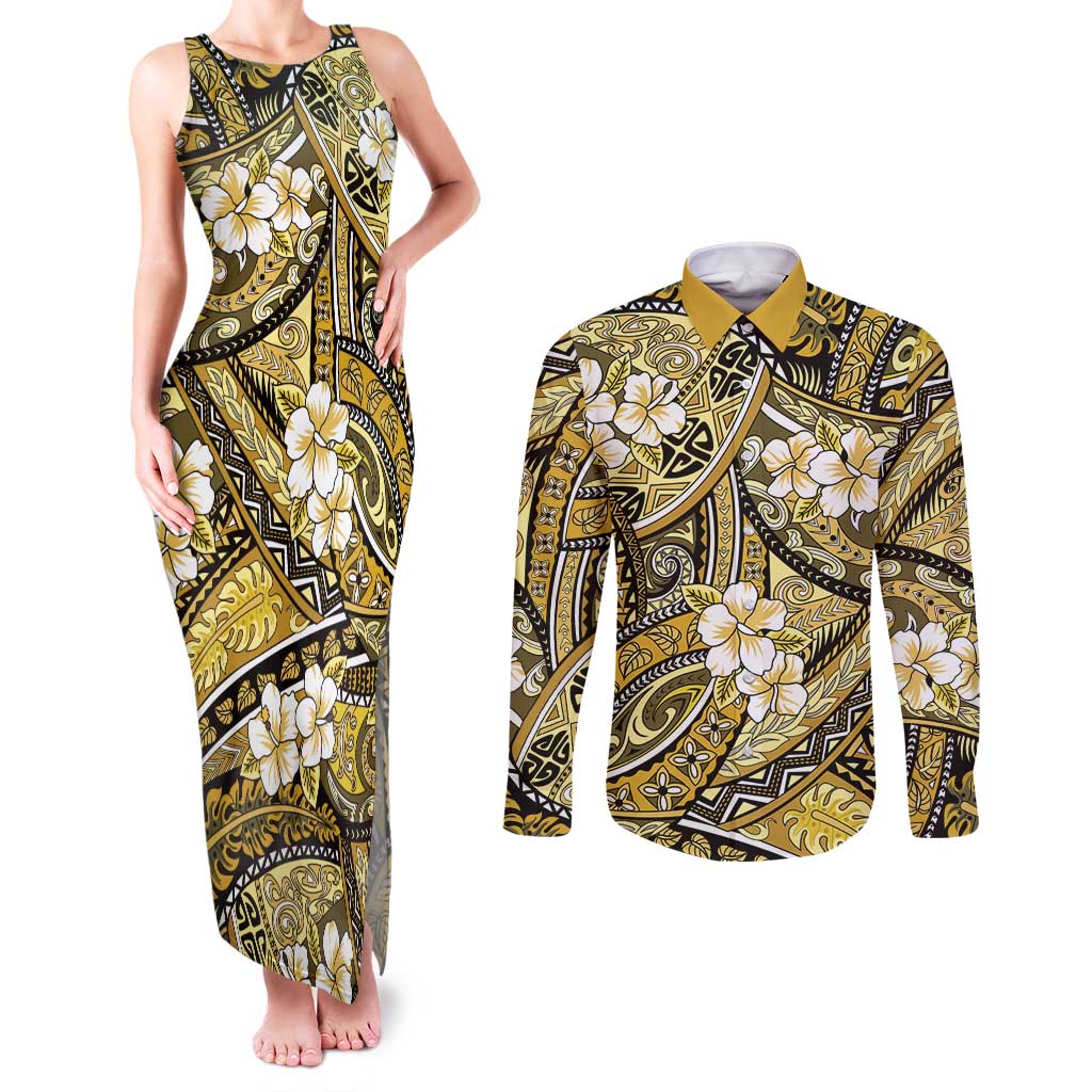 Polynesian Hibiscus Tropical Yellow Floral Couples Matching Tank Maxi Dress and Long Sleeve Button Shirt Tribal Pattern - Polynesian Pride