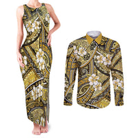 Polynesian Hibiscus Tropical Yellow Floral Couples Matching Tank Maxi Dress and Long Sleeve Button Shirt Tribal Pattern - Polynesian Pride